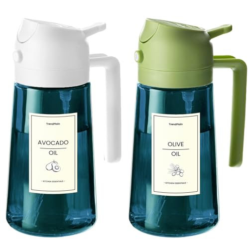 TrendPlain 16oz/470ml Blue Glass Olive Oil Sprayer for Cooking - 2 in 1 Olive Oil Dispenser for Kitchen Gadgets, Air Fryer, Salad, and BBQ - White & Green