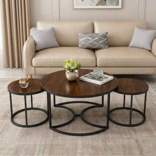 Image of 3 Piece Living Room Table Set, 1 Center Table and 2 End Nesting Tables NO-Tools Assembly Round Stacking Coffee Side Tables for Small Spaces, Nightstand Bedside Table