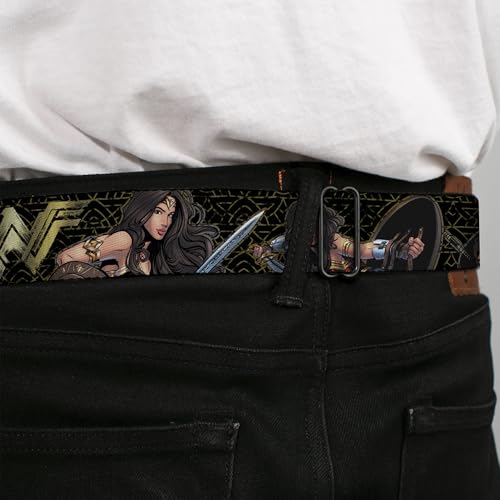 Buckle-Down Men's Seatbelt Belt Wonder Woman Kids, icon/Sketch Poses Black/Gold, 1.0" Wide-20-36 Inches4