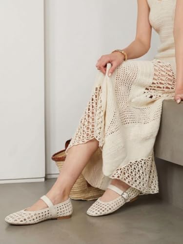 Image of Woven Ballet Flats Mesh Mary Jane Flats for Women Dressy Comfortable Ballerina Flat Round Toe Buckle Strap Mesh Shoes Casual Mary Janes
