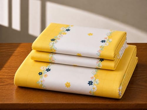 Image of Castiqa Elastic Fitted Supersoft Premium Brushed Cotton 200TC Double Bedsheets King Size 78x72 Inch with 2 Pillow Covers (Fits Upto Mattress of 10 Inches) (Yellow Dotted)