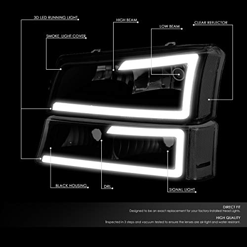 Image of DNA MOTORING HL-LB-CSIL03-BK-SM-CL1 Black Housing Smoked Lens 3D LED DRL Headlight Bumper Lamp Set Compatible with 03-06 Silverado 1500-3500 / Avalanche 1500 2500