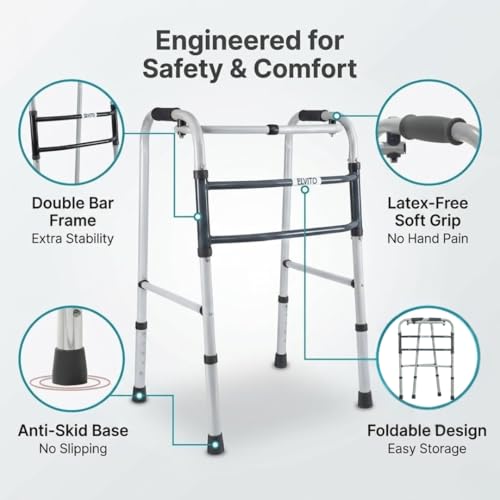 Image of Elvito Foldable Active Walker For Old people | Height Adjustable 5 Levels | Heavy-Duty Walker For Adults Foldable | Walker For Patients At Home | Walker for Men | Durable, Stable & Rust-Resistant | 1 Year Warranty | (Active Walker)