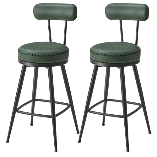 VASAGLE EKHO Kollektion - 360° drehbarer Barhocker, 2er Set, Hocker mit Rückenlehne für Kücheninsel, Kunstleder mit Nähten, Mid-Century-Modern-Stil, 65 cm hoch, Küche, Hausbar, waldgrün LBC089C01