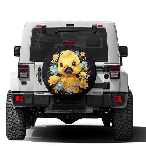 Image of Yellow Little Duck with Floral Wreath Spare Tire Cover with Backup Camera Hole Wheel Tire Cover Fit Trailer, RV, SUV and Many Vehicle 17inch