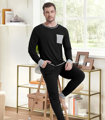 Image of NACHILA Mens Pajamas Set Long Sleeve Henley Sleepwear Top Soft Jogger Pants Pajamas Cool Pjs Set,Viscose Made from Bamboo