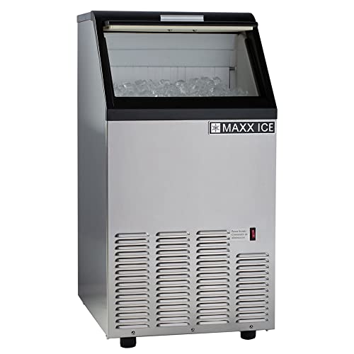 Image of Maxx Ice MIM75 Commercial Ice Maker Machine, Stainless Steel Self-Contained Undercounter Design Makes Bullet Cubes with 25-Pound Storage, 75-lbs, Metallic