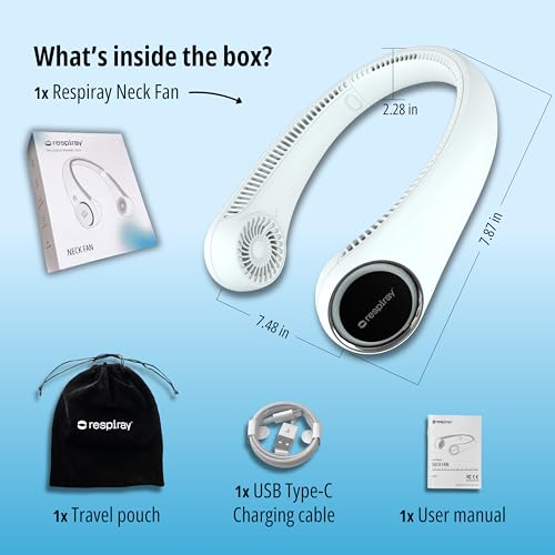 Respiray Portable Neck Fan – Hands Free Quiet 20dB Cooling Neck Fan, 17-Hour 4000mAh Battery, 3 Speeds, Wearable Fan for Neck Fans that Blow Cold Air, Personal Fans Portable Rechargeable (White) by Respiray - Used condition - Image 7
