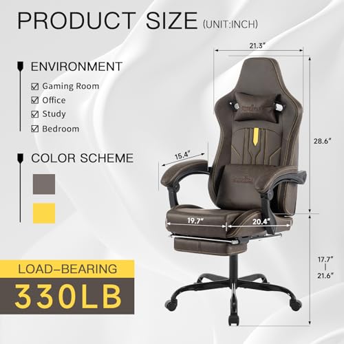 Image of Gaming Chair with Footrest Ergonomic Computer Chair Massage Lumbar Cushion, Racing Video Game Chair Adjustable Rocker Recliner Executive Office Desk Chair Pu Leather for Adults, Brown