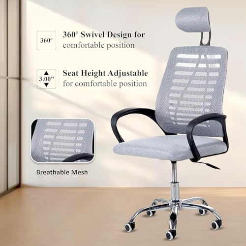 Image of Casa Copenhagen,Mesh Office Desk,Rocking, Ergonomic Computer Chair Adjustable High with Headrest and Comfortable Armrest Swivel Chair - Grey & Black Handle