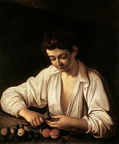 Tableau Caravaggio garçon épluchant fruits toile durable contre murs vides 60x90