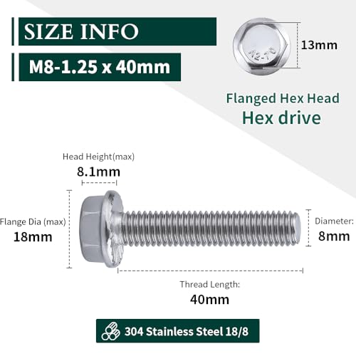 Image of M8-1.25 x 40mm Hex Flange Bolt (1.57 inch Thread Length), DIN6921, Serrated Locking Flange, 304 Stainless Steel, UNC Full Thread, 15-Pack