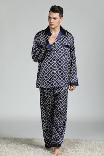 Men's Satin Pajamas Set of Upper Shirt and Long Pants made of Artificial Silk in Elegant Patterns,5+ Colors,丝绸睡衣3