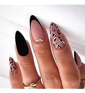 SIXDIAN 24Pcs Press on Nails Short Almond Pink Black French Tip Nails Fake Nails with Leopard Pri...