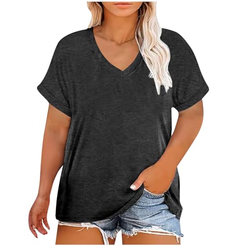 Image of Womens T Shirts Summer Vacation Plus Size Short Sleeve V Neck Tops Oversized Solid Dressy Casual Tees Loose Blouses Gray 3XL