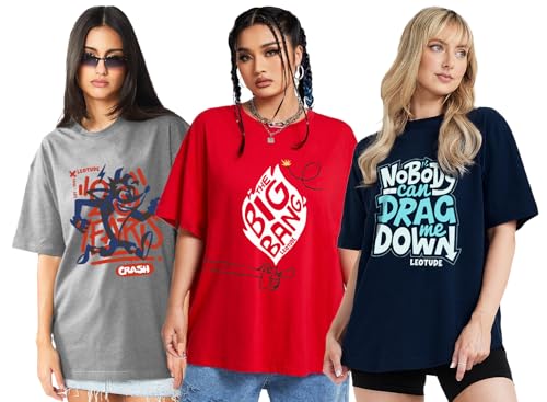 Image of LEOTUDE Women Cottonblend Oversized Baggy Fit Half Sleeve Round Neck Multicolor Combo T-Shirt for Women & Girls (Pack of 3)