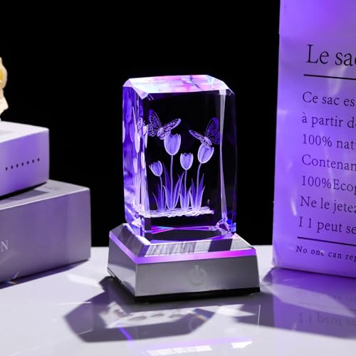 Image of Ornalrist Tulip Gifts for Women: Crystal Engraved Tulip with Light Base for Mom, Lady, Girl, Friend, Home Office Decor