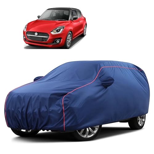 Image of Sulfar 100% Water Resistant Car Body Cover Compatible with Mirror for Maruti Suzuki New Swift (Triple Stitched, Full Bottom Elastic, Blue Taffeta with Red Piping)