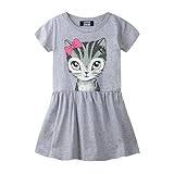LittleSpring Little Girls Swing Dress Cute Cat Pattern Short Sleeve Grey Size 7