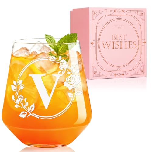 Ta&ccedil;a de vinho personalizada sem haste &ndash; Copos iniciais monogramas gravados personalizados, ch&aacute;...