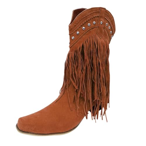 Fringe Cowboy Boots For Women Mid Heels Fringe Vintage Tassel Square Toe Western Cowgirls Boots Ethnic Retro Rivet Slip On Wide Mid Calf Knight Riding Ankle Dress Ankle Booties3