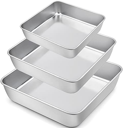 TeamFar Square Cake Pan, 6/8 / 9 Inch Stainless Steel Square Baking Pan for Cake Brownie Lasagna, Non-Toxic & Heavy Duty, One Piece Design & Deep Wall, Smooth & Dishwasher Safe – Set of 3
