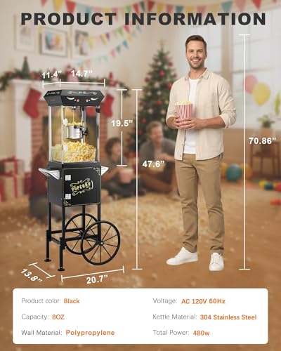 Image of 8 oz Popcorn Machine Cart, Popcorn Maker Machine with Stainless-Steel Kettle Makes Up to 32 Cups, Movie Theater Style Pop Corn Machine with Heated Warming Deck, Upgraded, Black
