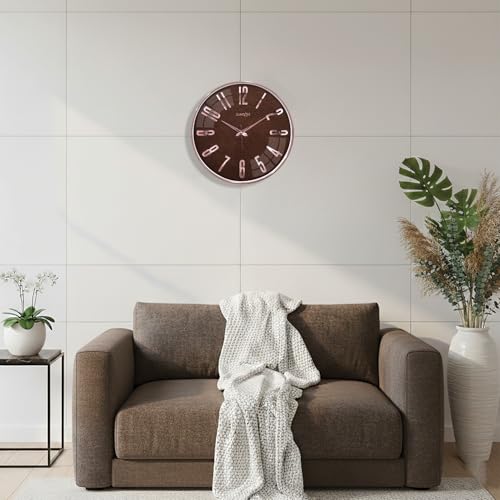 Image of RANDOM Silent Wall Clock, Brown with Rose Gold, Non-Ticking Quartz Movement, Metal Hands, 3D Foiling Numbers, HD Clear Glass