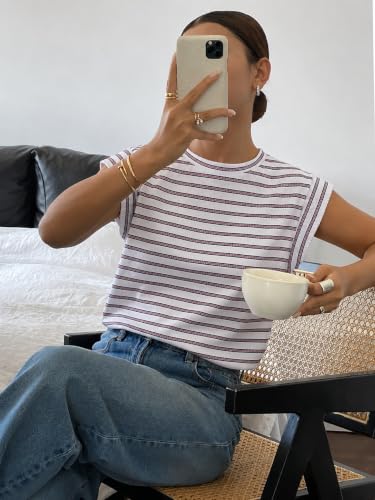 Image of Jawdrobe Women's Striped Western Top Round Neck Cap Sleeve T-Shirt for Women