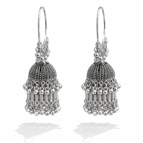 Image of Oxidised Silver Hoop Jhumka Tassel Earrings for Women, Traditional Indian Style,Antique Style Oxidised Earrings