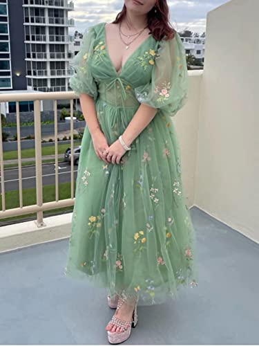 Image of Women's Puffy Sleeve Prom Dresses Fair Flower Embroidery Tulle Green Formal Evening Party Gowns