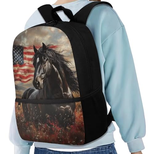Horse Kids Boys Backpack US Flag Roomy Schoolbag for Kids Education Personalized Versatile Backpack with Adjustable Padded Strap for 1st-6th Grade3