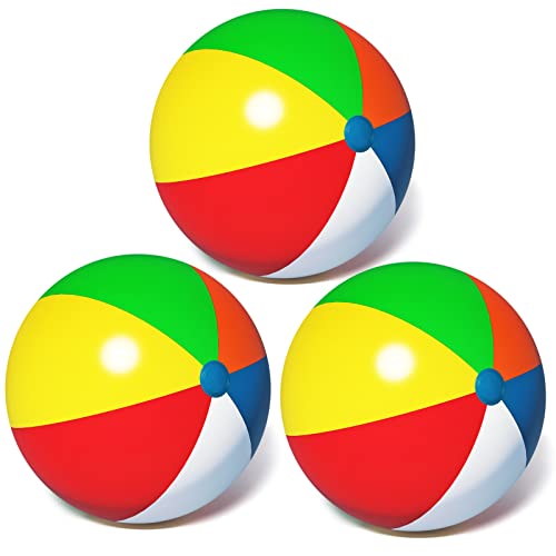 Pijaborg 24 inch Beach Balls Bulk, 3 Pack Beach Balls for Kids, Reusable Inflatable Beach Ball for Summer Beach Outdoor or Indoor
