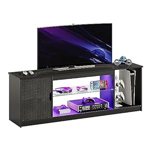 Bestier Led Entertainment Center for PS5, Gaming TV Stand with Cabinet for 60/65 Inch TV, Modern TV Console with Adjustable Glass Shelf for Living Room Easy Assembly Carbon Fiber Black