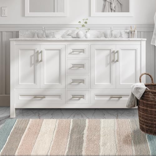 Chardin Home CHB030-3 Cordural Stripe Bath Rug Runner With Skid Resistant Latex Spray Underneath. Bluish Gray-Beige thumb #1