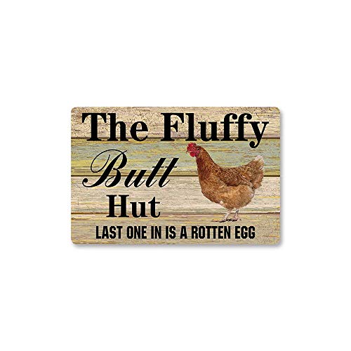 Chicken Metal tin Sign,The Fluffy Butt Hut Classic Home Metal Cabin Club Shop Bar Sign Garage Cafe Farm Metal Wall Panel Art Deco 8X12 Inch