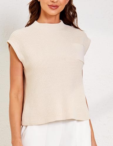 UANEO Sweater Vest Women Mock Neck Casual Cropped Knit Pullover Cap Sleeve Sweater for Women Top Spring4
