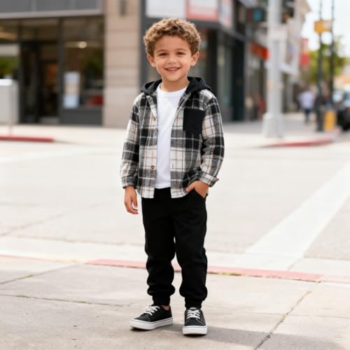Image of Size 2-6 Years Toddler Boys Clothes Plaid Hooded & Pants 2 Piece Set Kids Boys Fall Outfits Sets