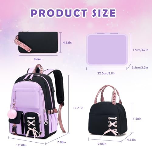 Kids School Backpack for Girls, 4-In-1 Bookbag Backpack Daypack Set with 43OZ Bento Lunch Box, Lunch Bag for Girls Kids Teen Elementary Middle School Student, Girl Backpacks for Schools2