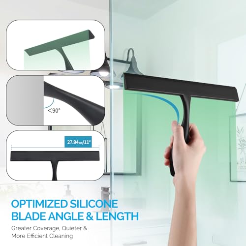 Image of FY&XZH Never Rust Silicone Shower Squeegee for Glass Doors with Hook, Bathroom Cleaner Tool, Household Window and Mirror Squeegee, Ergonomic Thick Handle Squeegee for Shower Glass, 11-Inch (Black)