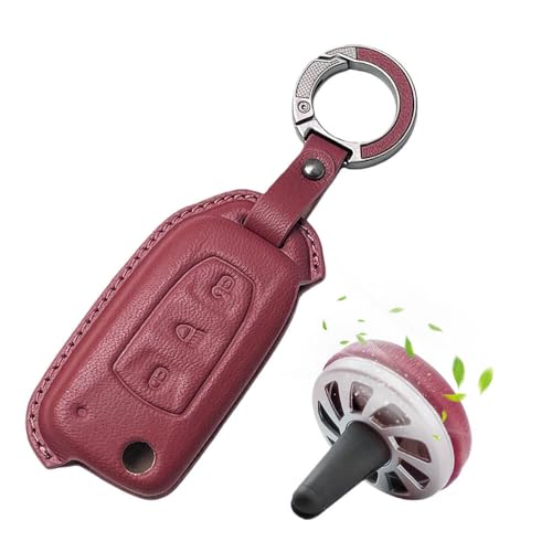 Image of Keyzone Premium Leather Key Cover & AC Vent Car Perfume Combo (4 Fragrances) | Compatible for Tata Curvv, Nexon, Harrier, Altroz, Punch, Safari, Tigor, Tiago, Zest, Bolt 3 Button flip Key. (Red)