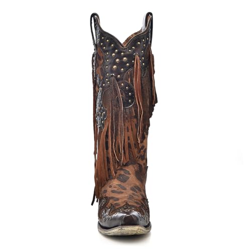 Image of Corral Boots Women's Handcrafted Western Boots | Snip Toe Cowboy Boots with Leopard Print, Fringe and Stud Details