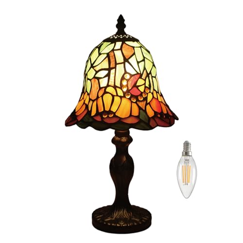 Meimond Table Lamp Tiffany Style 8 Inch Stained Glass Lampshades Small Bedside Lamp Reading Antique Desk Light Living Room Bedroom Office Vintage Art Decor (A-5)