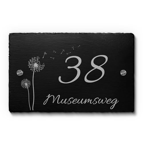 Premium Hausnummer aus einzigartigem Schiefer mit Gravur Zahlen Straße und Ziffern - ab 22x14 cm Schiefer Schild Hausnummernschild mit Abstandshaltern