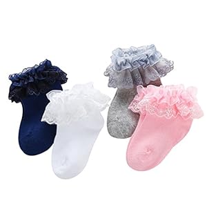 Lace Ruffles Socks for Baby Girls Bowknot Princess Dressy Socks Pack 4 White/Pink/Grey/Navy/Multicolor 0-24 Months