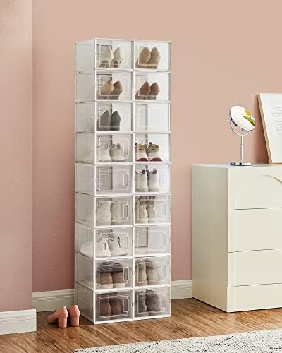 SONGMICS Shoe Boxes, Pack of 18 Stackable Shoe Storage Organisers, Foldable and Versatile for Sneakers, Fit up to UK Size 12, Transparent and White LSP18MWT
