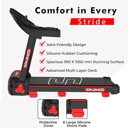 Image of Sparnod Fitness STH-1140 Treadmill for Home Use, 4 HP Peak Motor, 1-14 km /h Speed, Foldable with Bluetooth Speaker & Multi-LED Display, Manual Incline, 12 Preset Programs, Max User Weight 90 kg