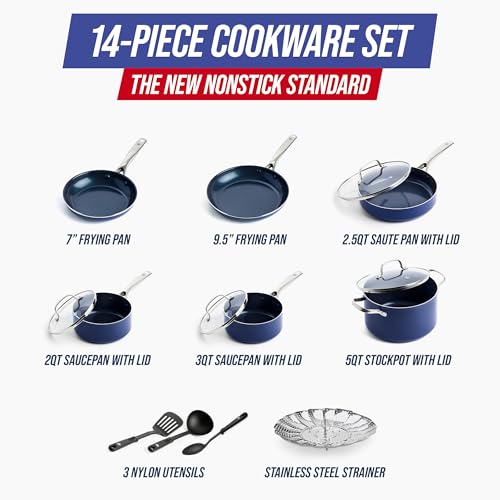 Blue Diamond 14 Piece Cookware Pots and Pans Set, Diamond Infused PFAS-Free Ceramic Nonstick, Durable Metal Utensil Safe & Scratch Resistant, Even Heating, Dishwasher Safe, Glass Lids, Oven Safe