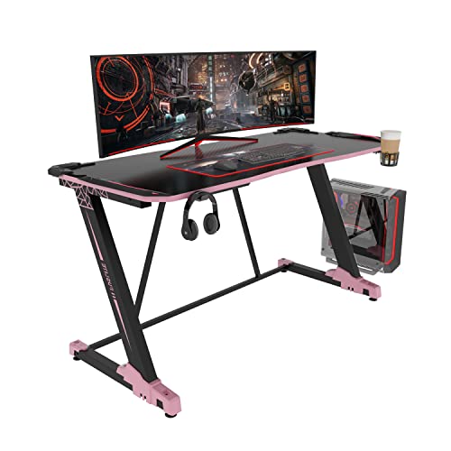 Fuslite 55 Inch Gaming Desk With Led Lights, Carbon Fiber Surface Z-Shaped Pc Computer Table, With Headphone Holder, Cup Holder, Cable Management Box, Ergonomic Gaming Table For Gamer, Pink And Black #TOP18