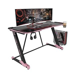 55 Inch Gaming Desk with LED Lights, Carbon Fiber Surface Z-Shaped PC Computer Table, with Headphone Holder, Cup Holder, Cable Management Box, Ergonomic Gaming Table for Gamer, Pink and Black